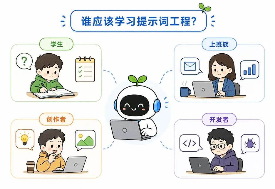 提示词工程的适用人群:学生、上班族、创作者和开发者