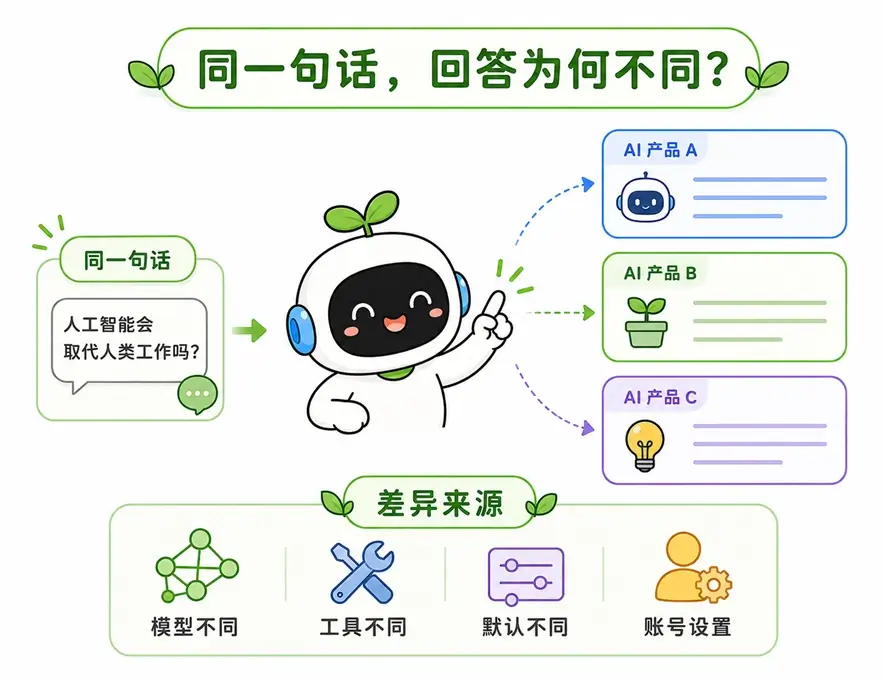 同一提示词产生不同回答的原因：模型、工具、默认设置与账号差异