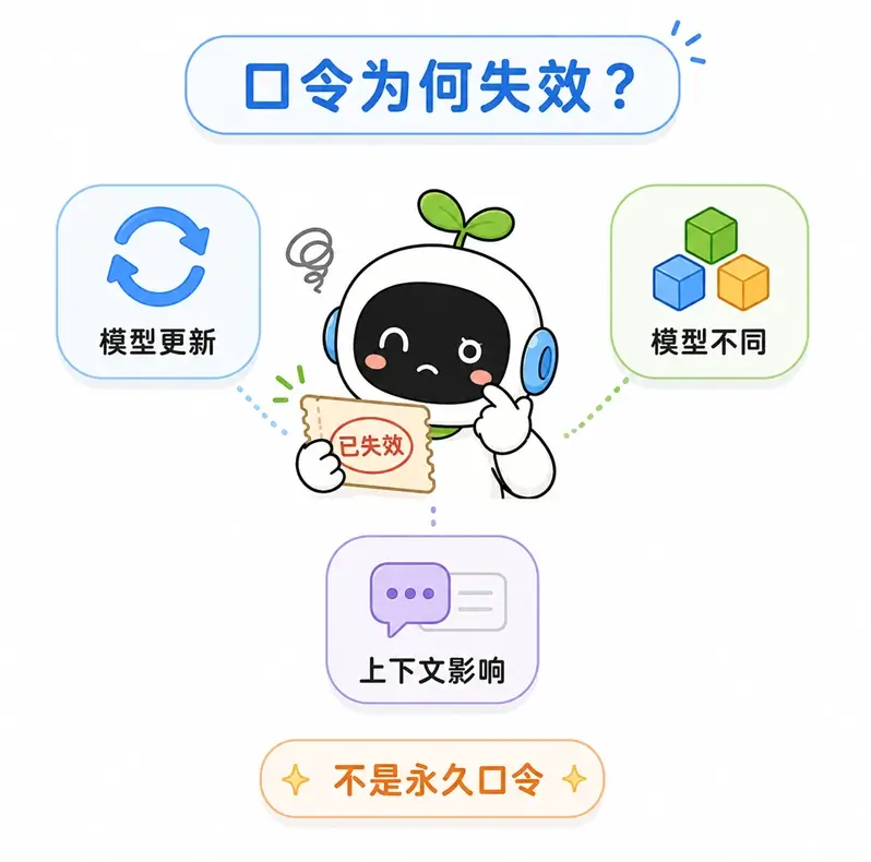 网上越狱口令容易失效的原因:大模型厂商会持续更新打补丁,且不同模型和上下文环境也会影响越狱效果。