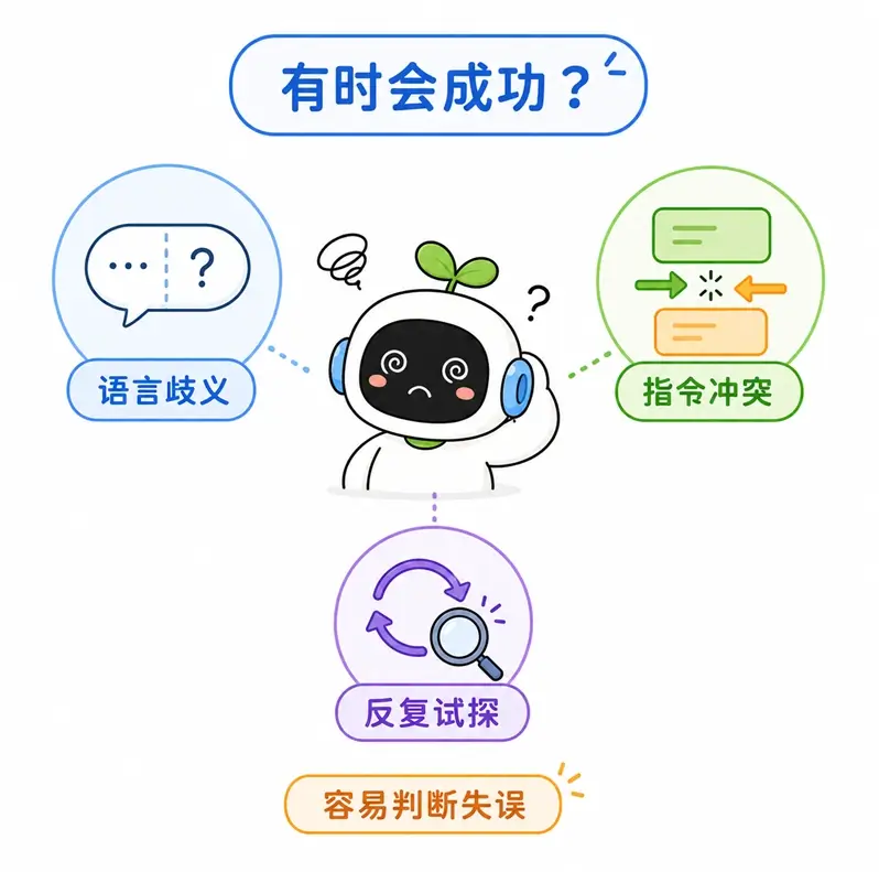 越狱偶尔成功的原因:自然语言本身的歧义、多重指令导致的冲突,以及攻击者的反复试探导致的判断失误。