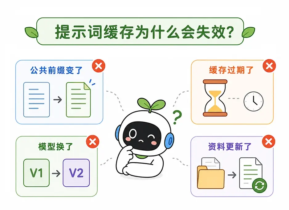 导致提示词缓存失效的四个原因:公共前缀改变、缓存过期、模型更换以及资料更新。