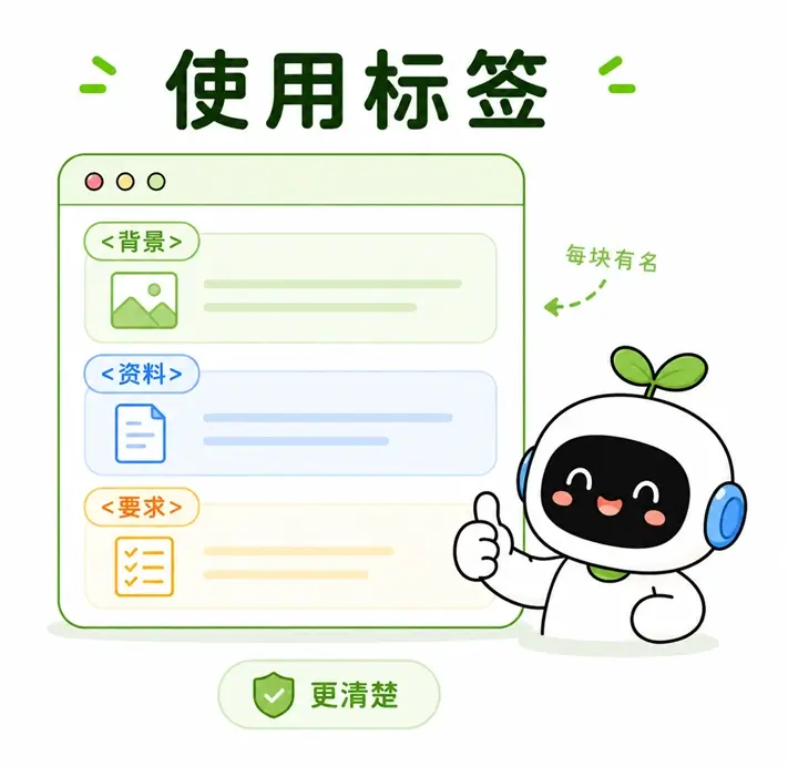 使用XML标签为AI提示词的各块内容命名以提升结构清晰度的示意图