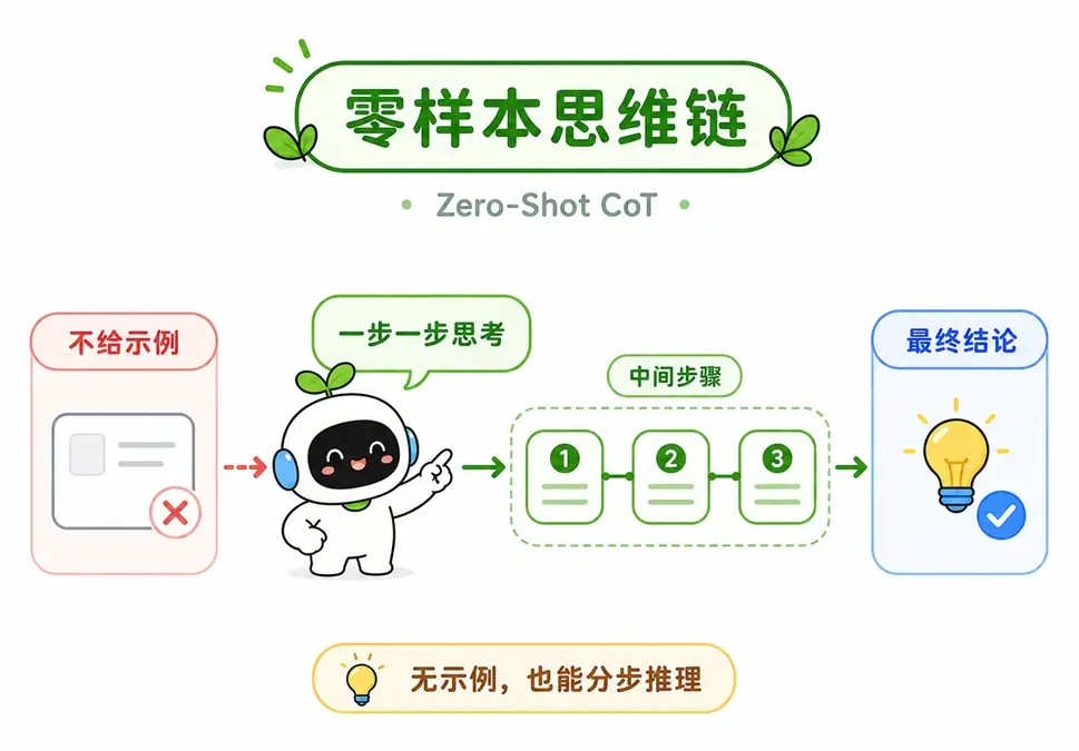 零样本思维链的概念:在不提供示例的情况下,引导 AI 一步步进行思考与推导。
